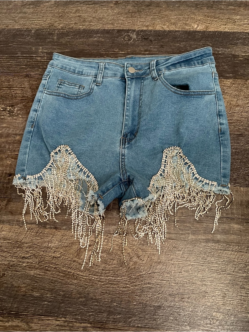 SHEIN Light Blue Denim Shorts with Beaded Fringe - Picture 1 of 3